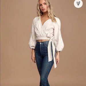 Sophie Cream Denim Balloon Sleeve Wrap Crop Top